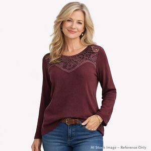 Kenneth Miller Burgundy Crochet Lace Yoke Long Sleeve Blouse XL